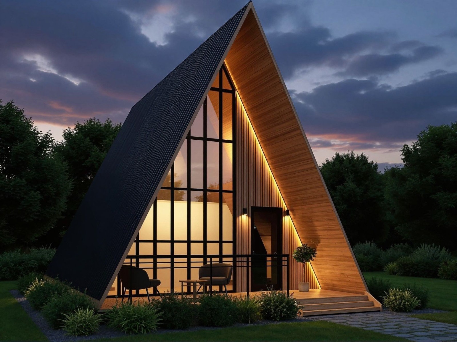 Diseño de cabaña A-frame con frente vidriado y terminaciones de madera